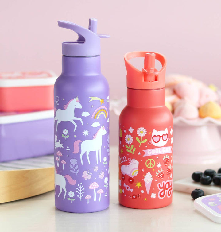 Two colorful water bottles with unicorn and cat designs on a light surface.